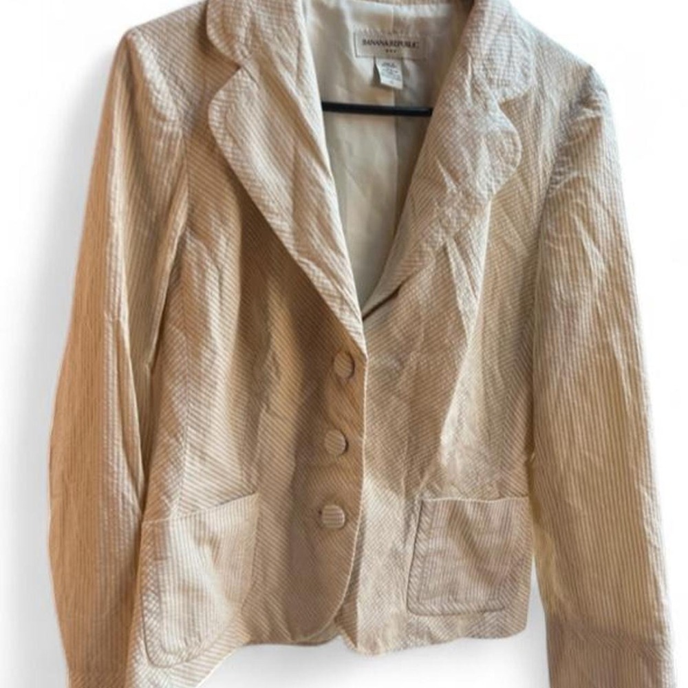 Banana Republic Womens 12 Seersucker Blazer Beige White Striped Cotton Jacket